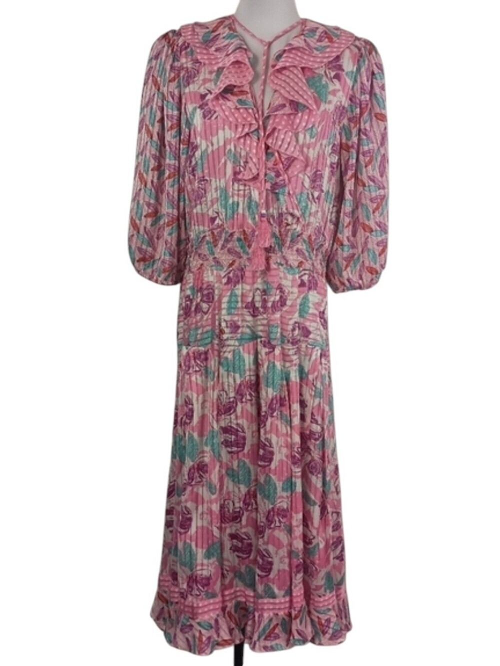 Vintage 80s Diane Freis Women's Multicolored Leaves Striped Midi Dress Artsy